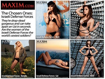 Diverse copertine di Maxim.com con soldate israeliane che posano in bikini in diversi scenari naturali e urbani.