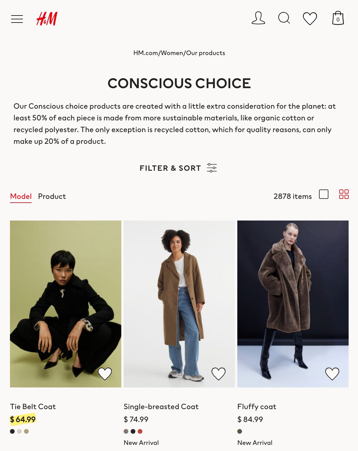 Screenshot of H&M's "Conscious Choice" collection page - featuring products described as "created with a little extra consideration for the planet." The three products shown in the screenshot are long coats, shown on three different tall, thin women.