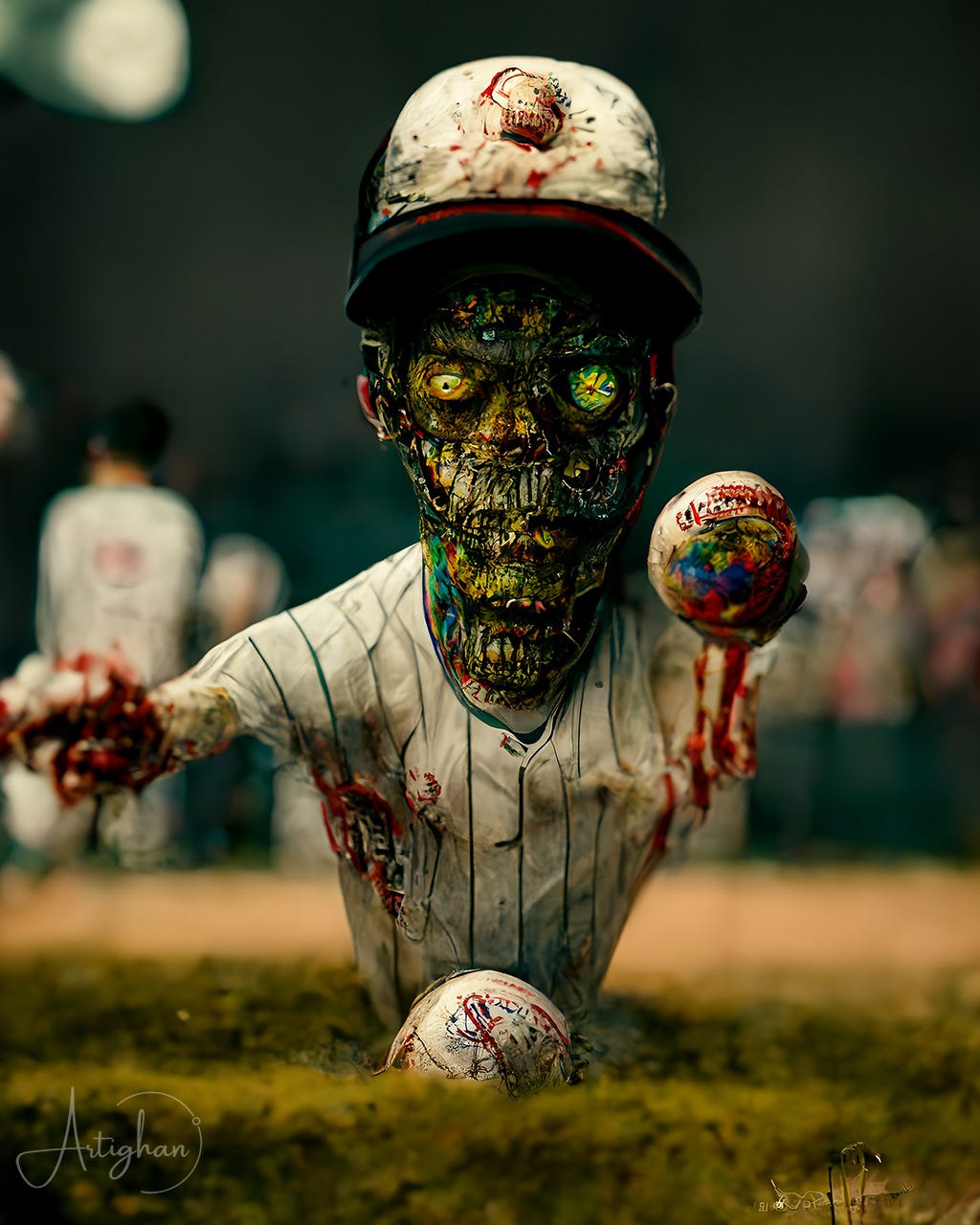 A Zombie playing baseball in a baseball park