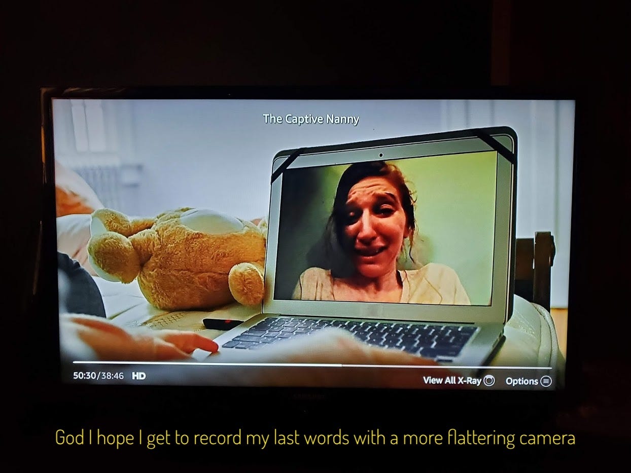 Sylvia's video playing on Chloe's laptop, captioned "God I hope I get to record my last words with a more flattering camera"