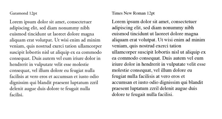 As you can see, Garamond is significantly less legible and smaller than Times New Roman is at 12pt. (Brownlee, John)