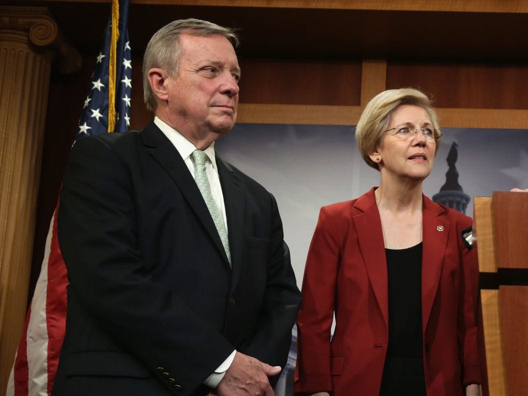 Senators Richard Durbin (left) and Elizabeth Warren (Alex Wong/Getty Images, modified by CoinDesk)