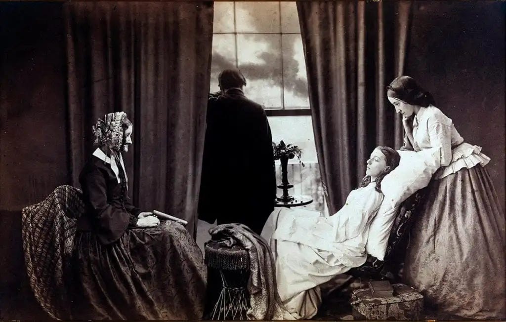 Photorealistic black and white painting of dying young woman lying on couch - older white woman and sister look on - a man looks out a large window.