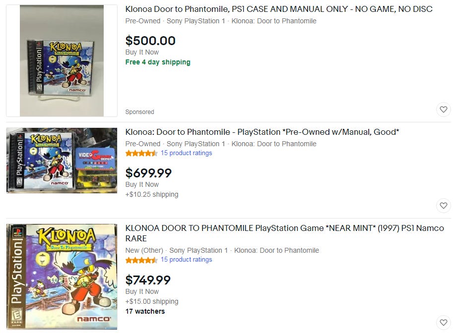 "Buy It Now" ebay listings sorted by relevance for the PS1 version of Klonoa: Door to Phantomile, priced between $500 to $749.99