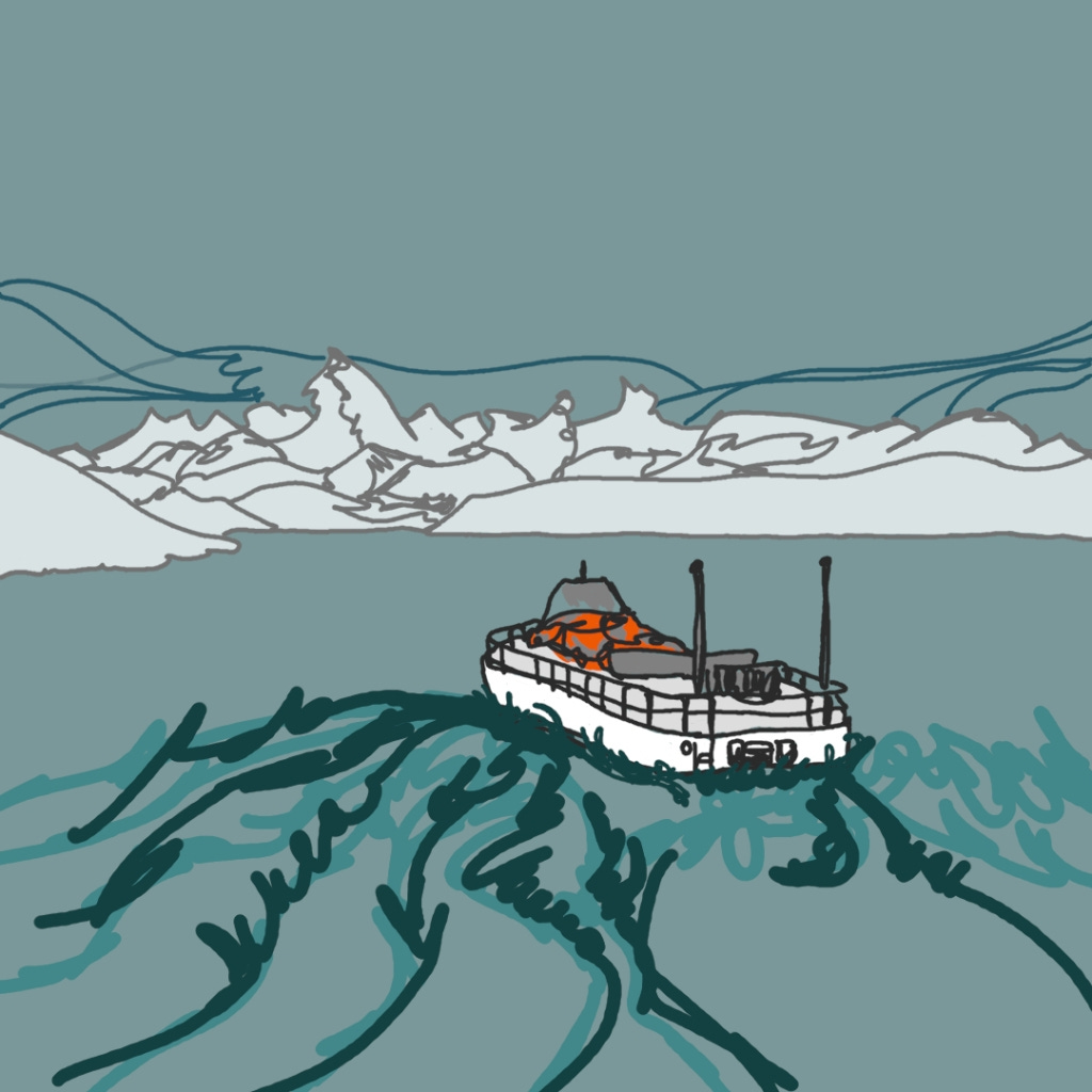 illustration of boat heading towards a glacier