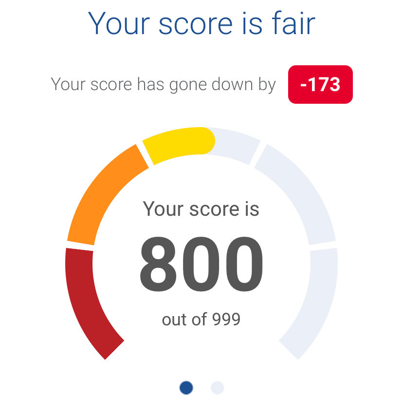 Image shows a credit score of 800, which is 'fair'