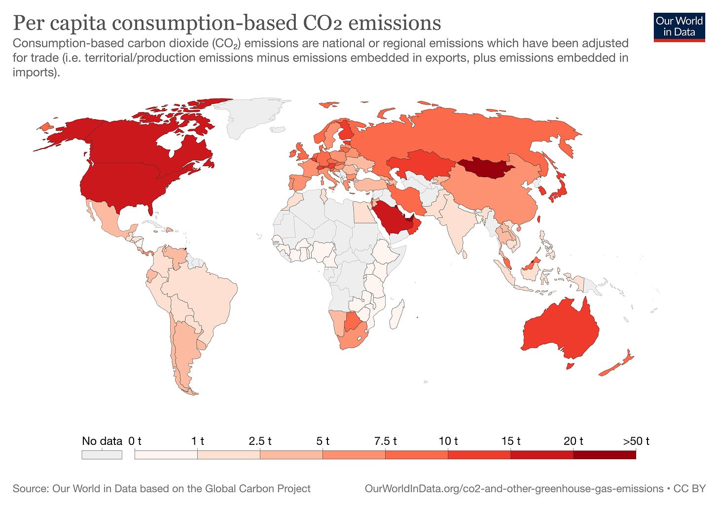 A colour coded map of per capita consumption-based CO2 emissions: the darkest countries are Mongolia, the US, Canada, and the Middle East