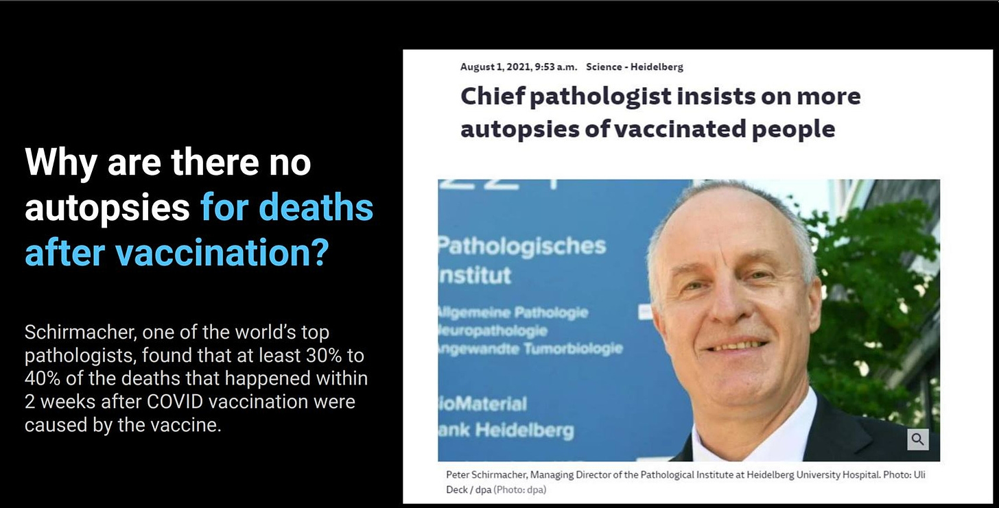May be an image of 1 person and text that says 'August1,2021,9:53a.m. August1, 2021, -Heidelberg Chief pathologist insists on more autopsies of vaccinated people Why are there no autopsies for deaths after vaccination? Pathologisches nstitut Schirmacher, one of the world's top pathologists, found that at least 30% to 40% the deaths that happened within 2weeks after COVID vaccination were caused by the vaccine. Pathologie europathologie ngewandte Tumorbiologie ioMaterial ank Heidelberg Û Director fthe Peter Schirmacher Managing institute Heidelberg University Hospital. Phoo: Jli Deck dpa (Ph:'
