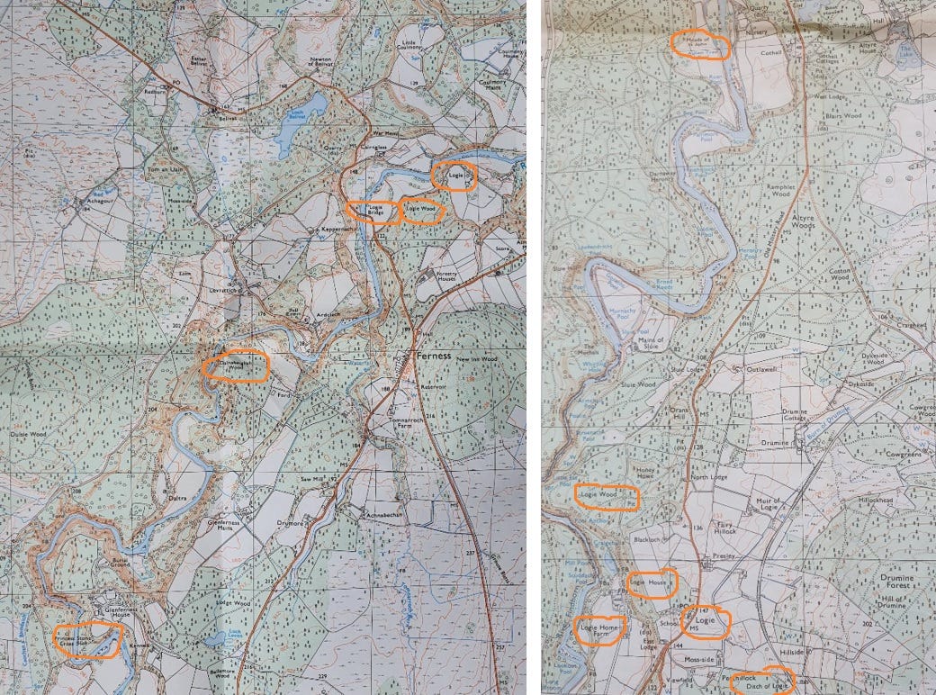 Sections of two OS Pathfinder maps of the Findhorn valley, with key place-names mentioned in this blog circled in orange. Running downriver from south to north, they are: Princess Stone, Dalnaheiglish, Logie Bridge, Logie Wood, Logie, Ditch of Logie, Logie Home Farm, Logie, Logie Wood, Meads of St John.