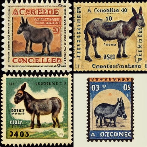 Illustration of four stamps with jackasses on them.