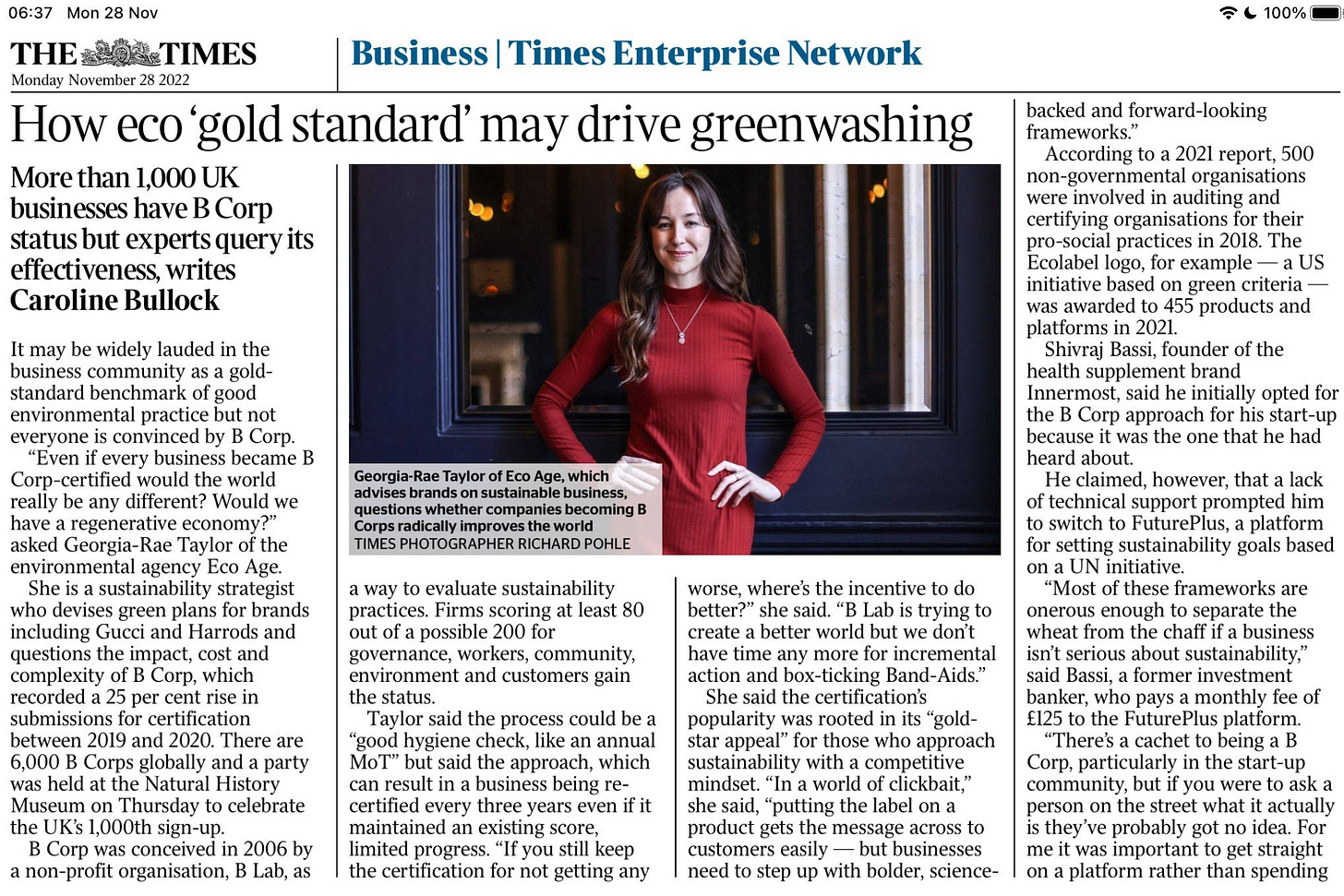 Screenshot of the B Corp article in The Times