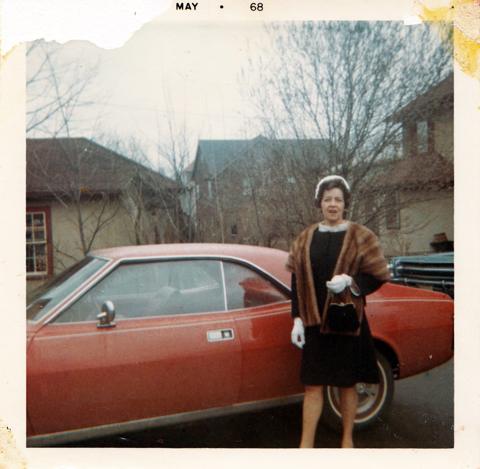 Helen in front of the AMC Javelin leased from Americn Motors