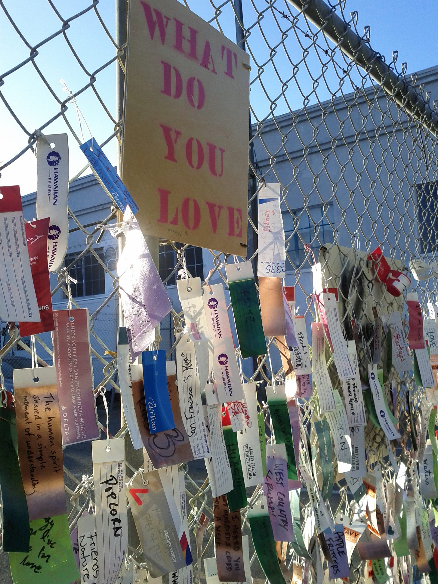 photograph of a chain link fence with a sign that says "what do you love" and many notes tied to the fence