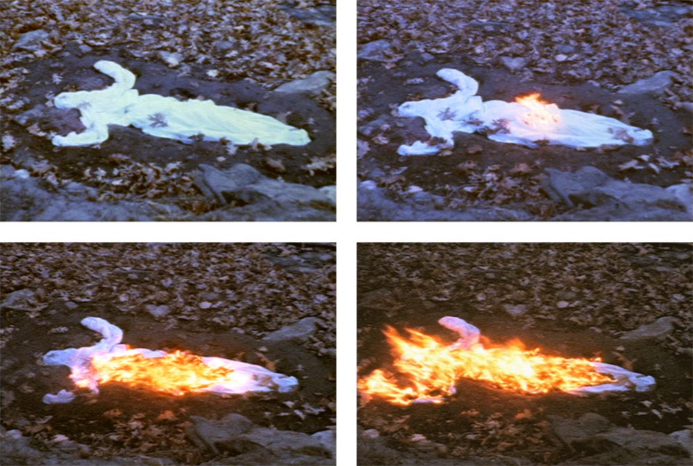Stills from Alma Silueta en Fuego (Silueta de Cenizas) (Soul Silhouette on Fire (Silhouette Ash) (1975) by Ana Mendieta. Super-8 colour, silent film, 3 mins.