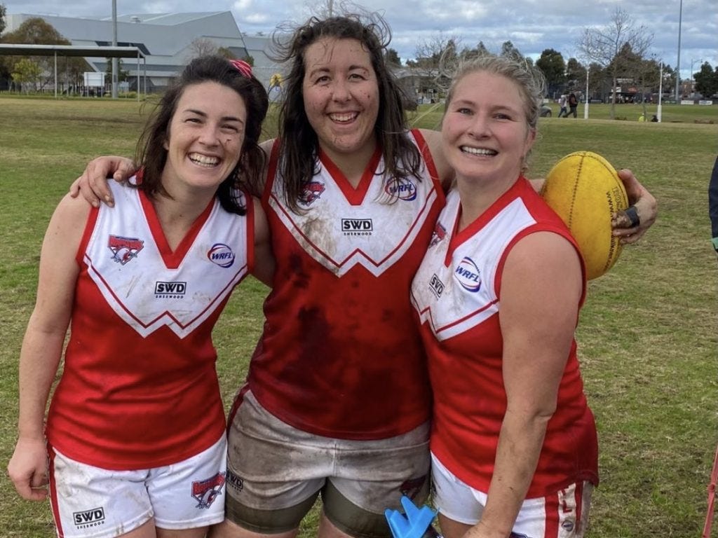 Kel Rowe (middle) has found a home at her community footy club. Image: Supplied