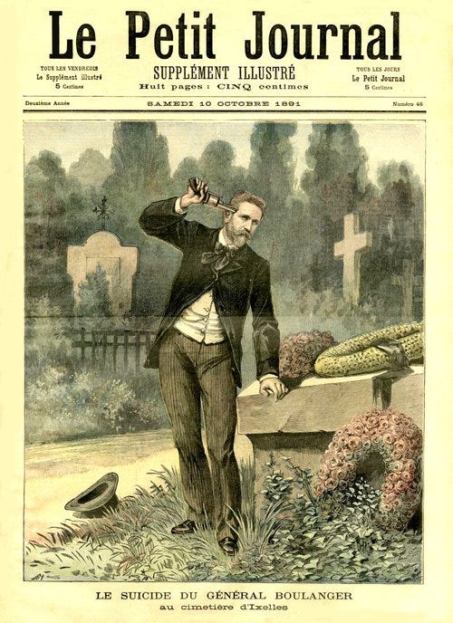 Imagem idealizada do suicídio de Boulanger. Petit Journal, 10 de outubro 1891 (Wikimedia Commons).