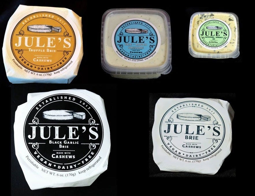 Photos of different packages of Jule's Cashew Brie