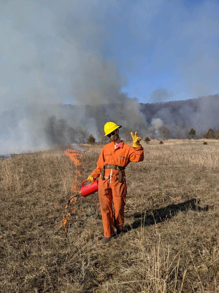 Emily stands holding a peace sign with one hand while the other works a drip torch, with a long line of fire trailing behind her into a field of dry grasses. Emily wears full fire protective gear.