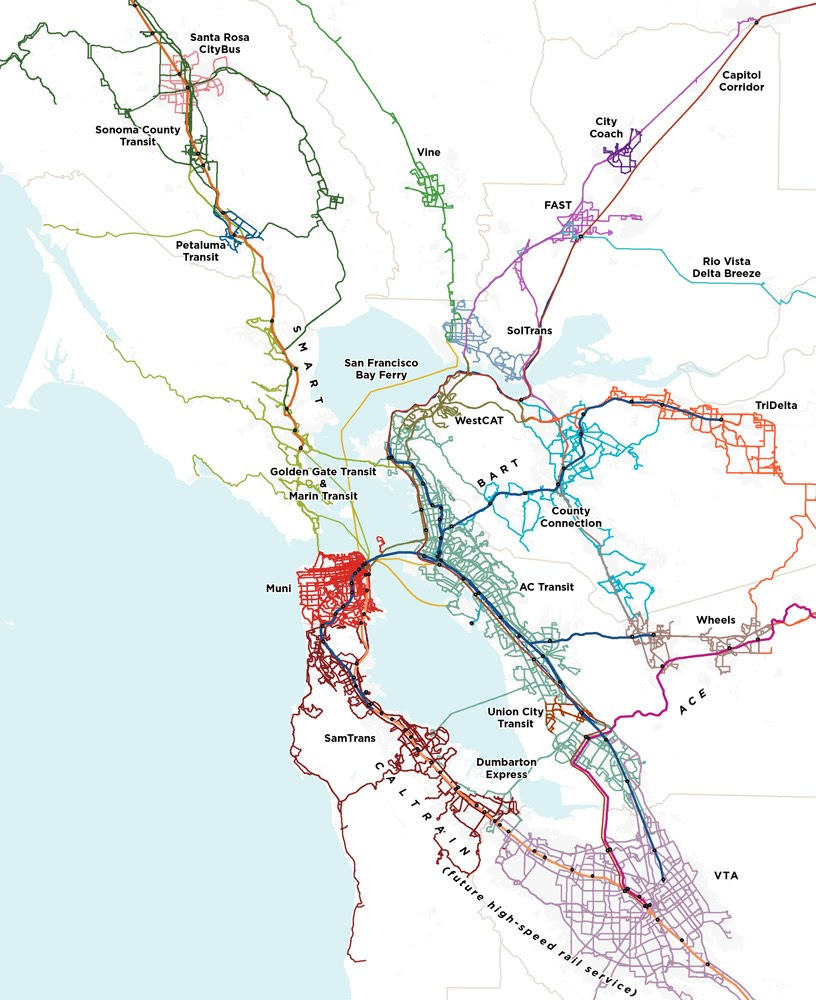 A map of the 27 different transit systems in the San Francisco Bay Area