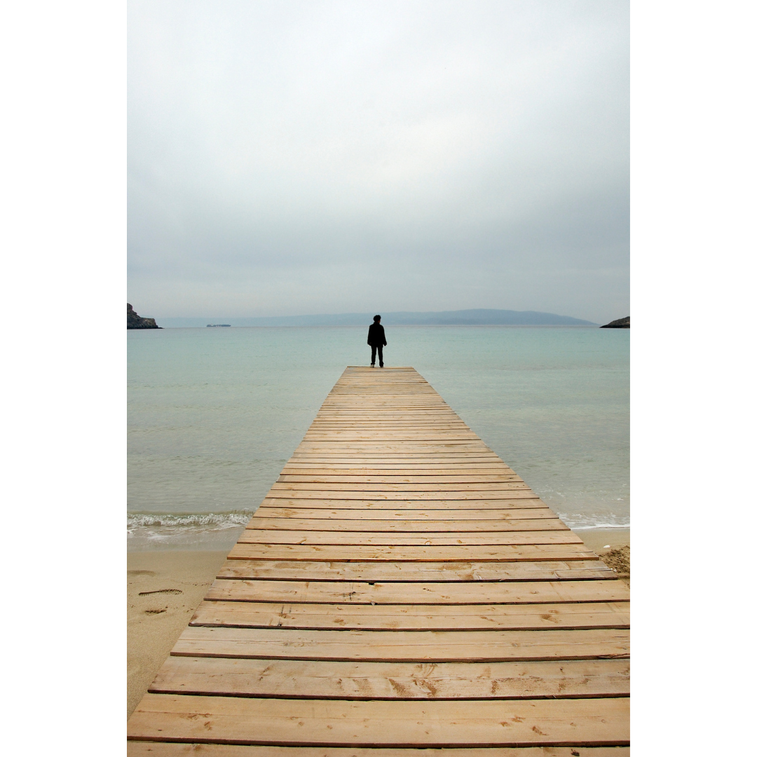 Image of a person standing at the end of a pier overlooking a lake.