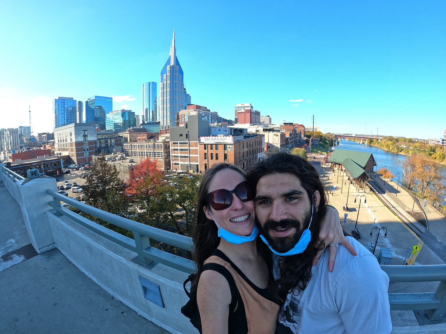 Anthony & Kelly selfie on the walking bridge overlooking the Cumberland River & Nashville, TN