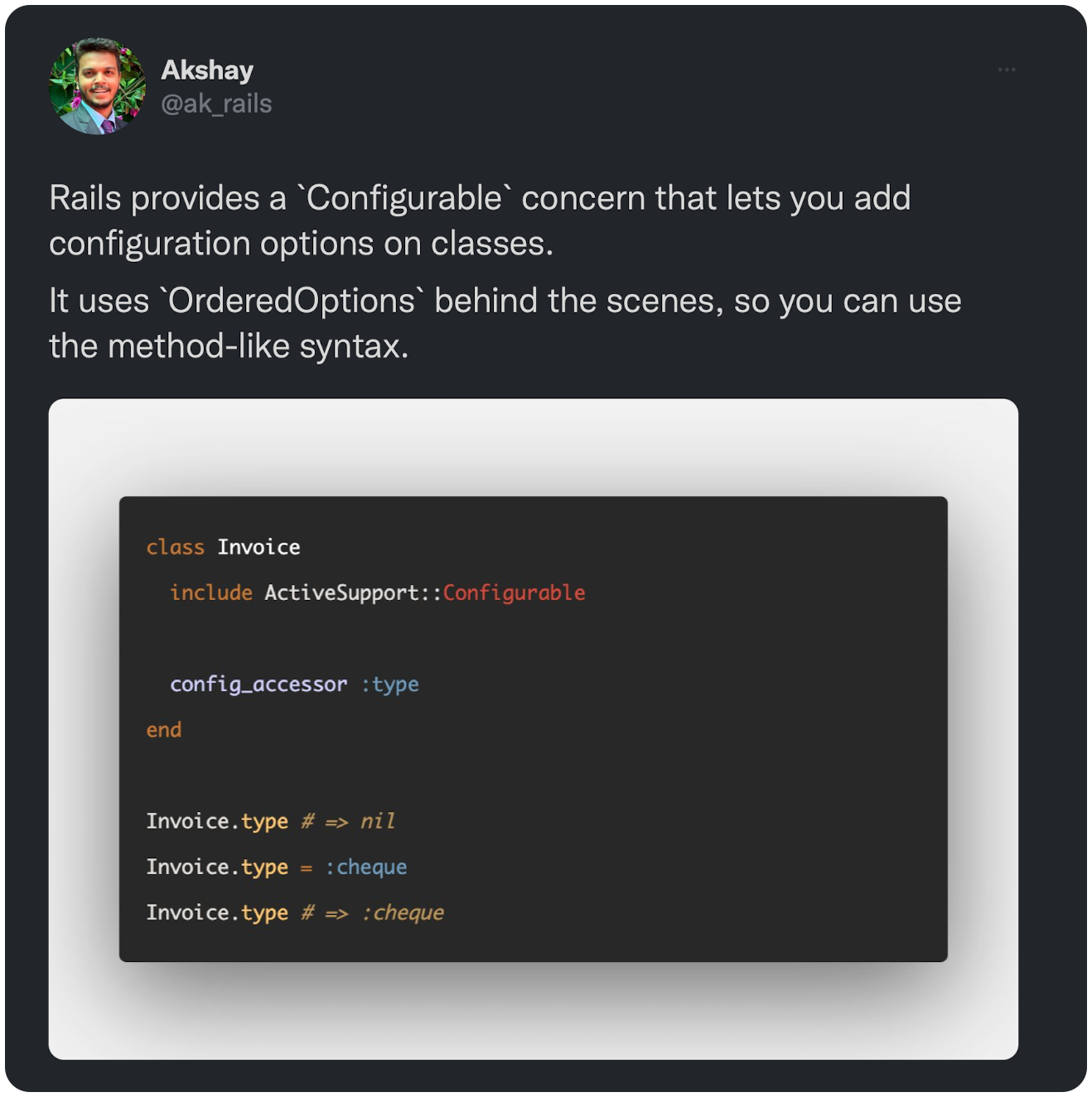 Rails provides a `Configurable` concern that lets you add configuration options on classes. It uses `OrderedOptions` behind the scenes, so you can use the method-like syntax.