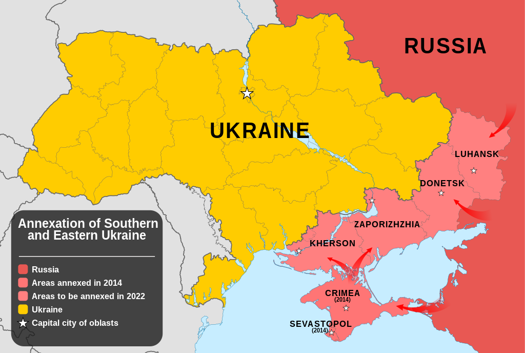 Russian annexation of southern and eastern Ukraine (Image: Basque mapping, CC BY-SA 4.0, via Wikimedia Commons)