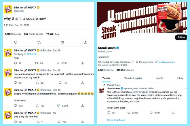 Slim Jim and Steak umm side my side showing brands that have a square or round profile picture