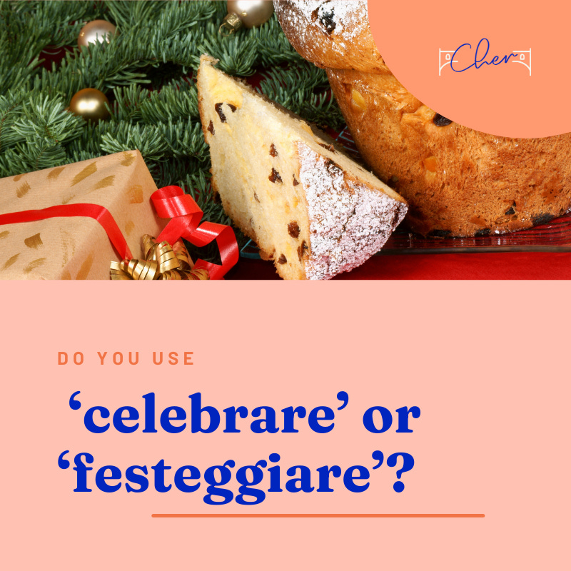 Pink rectangle with text that reads Do you use ‘celebrare’ or ‘festeggiare’? below an image of Christmas desserts and a gift