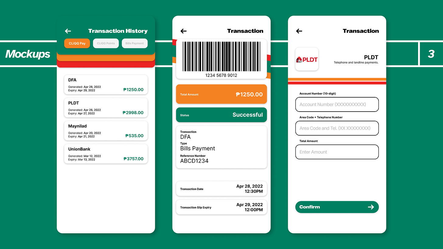 Redesign mockups for the Transaction History screen (left), the Transaction Slip screen (center), and the Bills Payment screen for a specific service (right)