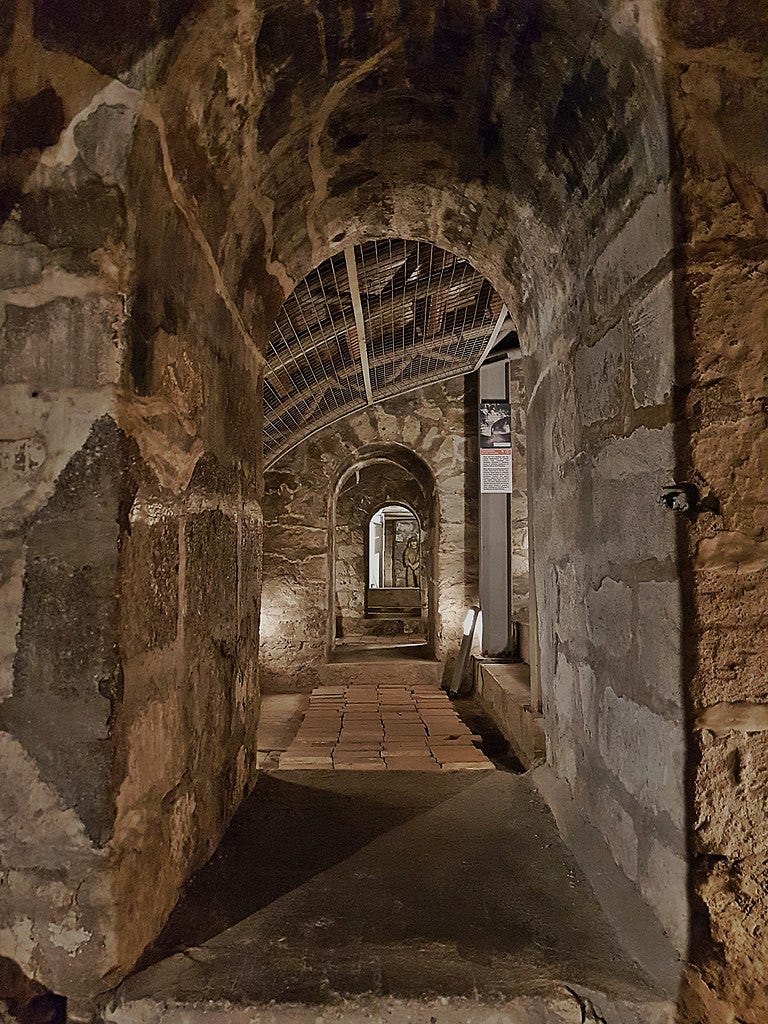 Photograph of a hallway in a dungeon. The walls are made of stone and cement.