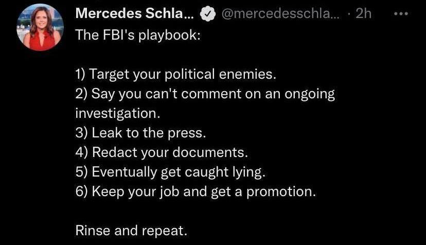 May be an image of 1 person and text that says 'Mercedes Schla... The FBI's playbook: @mercedesschla... 1) Target your political enemies. 2) Say you can't comment on an ongoing investigation. 3) Leak to the press. Redact your documents. 5) Eventually get caught lying. 6) Keep your job and get a promotion. Rinse and repeat.'