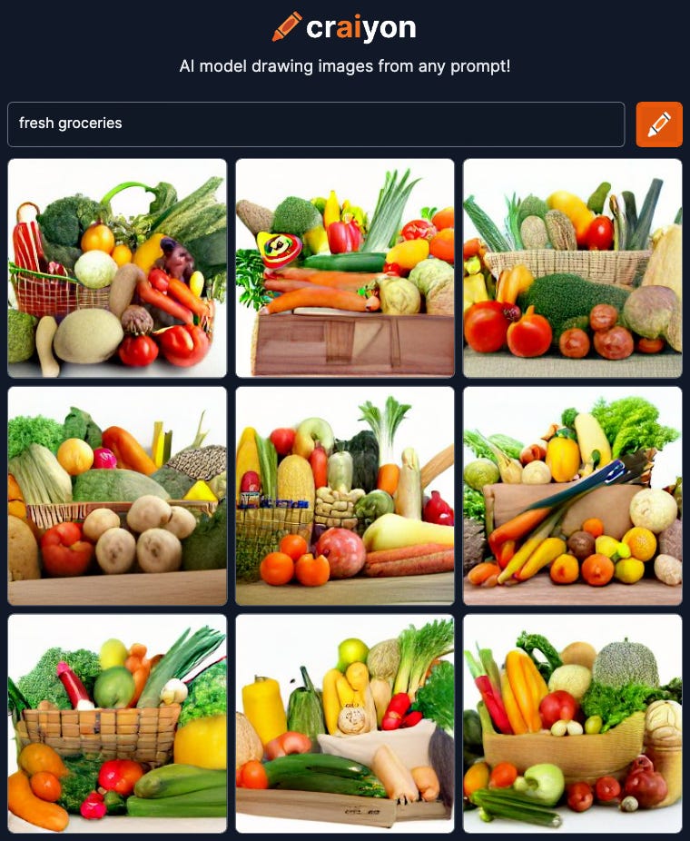 Screenshot of nine AI-generated images from the text prompt, "fresh groceries"