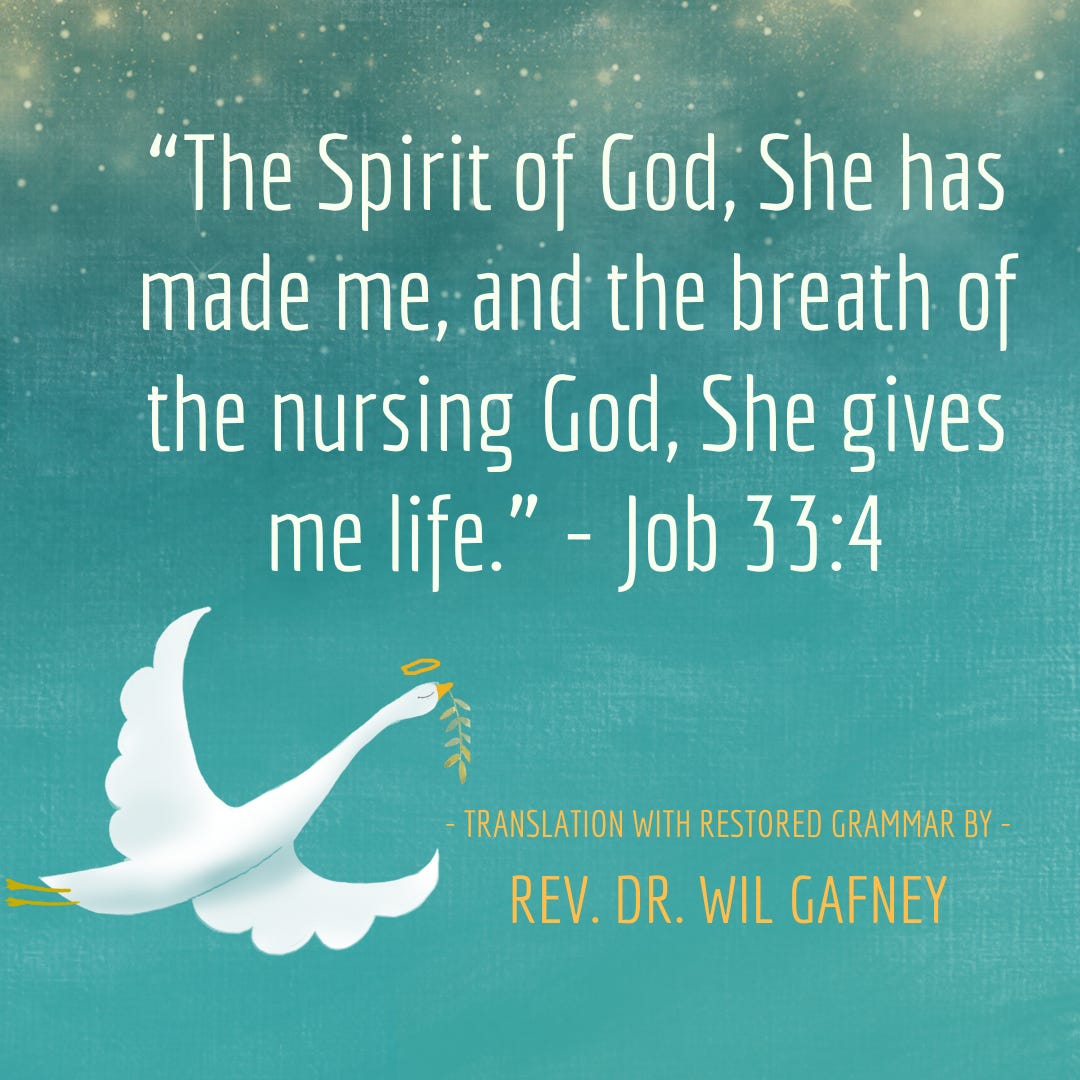 Graphic of translation of Job 33:4 with the feminine grammar restored by Rev. Dr. Wil Gafney: "The Spirit of God, She has made me, and the breath of the nursing God, She gives me life."