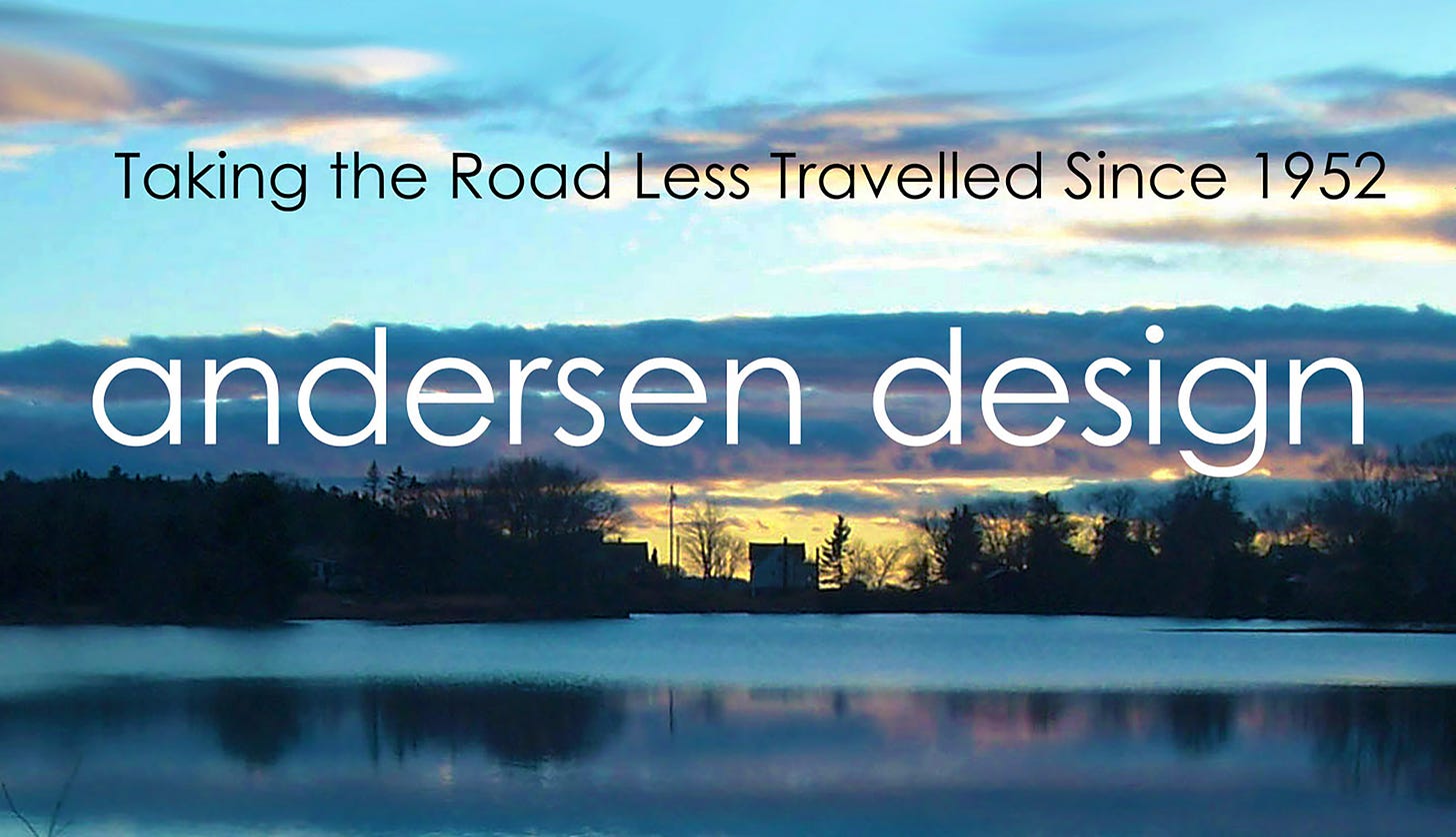 View of Millpond in East Boothbay Maine with a sunset and the Andersen Design logo and 'Taking the road less traveled since 1952" tag line