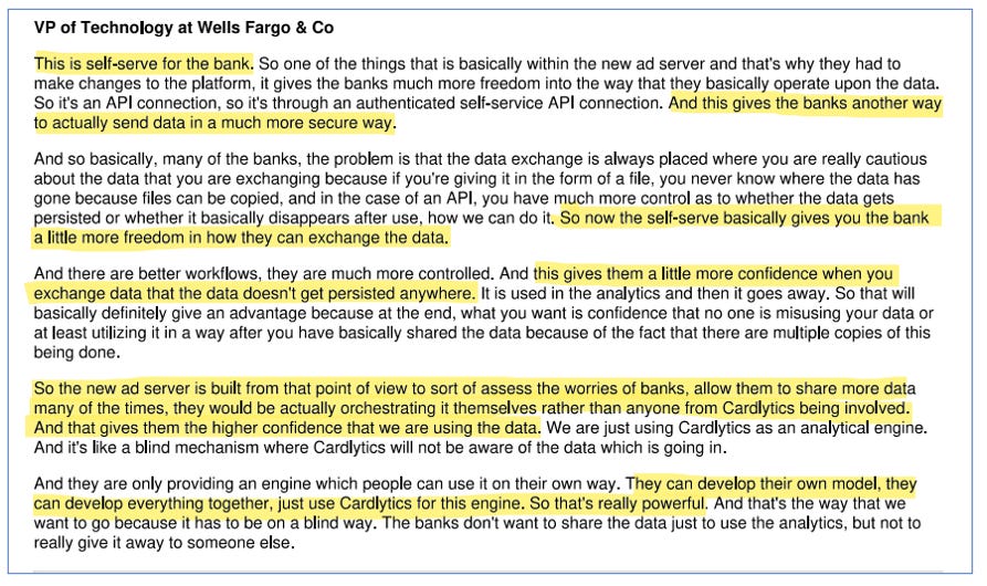 Cardlytics CDLX Quantitative Qualitative Research Notes Swany407 Research Notes Austin Swanson, Competitive Advantages, Dosh, Bridg, product-level offers, new ad server, attribution, conference, presentation, partners, affirm, apple pay, google pay, POS Systems, API, insights, google, facebook, visa, mastercard, concentration, advertisers, risks, BofA renewal, self-service, short thesis, differentiation, execution risk, engagement, insider selling, glassdoor reviews, purchase data, twitter, additional resources, earnings, market price, sentiment, valuation, intrinsic value, measurement, incrementality, multi-touch attribution, marketing mix modeling, total marketing modeling, iOS14.5, IDFA, growth, massive scale, loyalty programs, 100 bagger, charlie munger, LTV/CAC, ROAS, total addressable market, TAM, $CDLX , Discussions on Chase Acquiring Figg, BofA Renewal, New CEO, Banks Moving to the New Ad Server, New Banks / Neobanks, Bridg, Dosh, Local Offers, Self-Service, Q2 2022, Bank of America, USAA, Citi, Acorns, BofA renewal, Lynne Laube, Karim Temsamani, Peter Chan, Jose Singer, New ad server, Self-service for banks Engage, Chase acquiring Figg, CDLX 2.0.