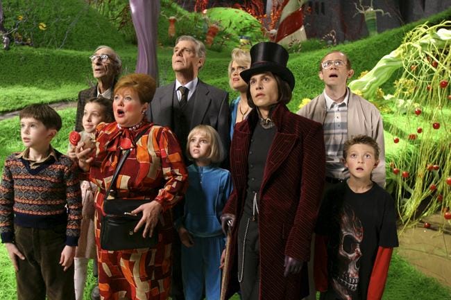 Still from Charlie and the Chocolate Factory of Willy Wonka, the children, and their guardians looking on with shocked faces.