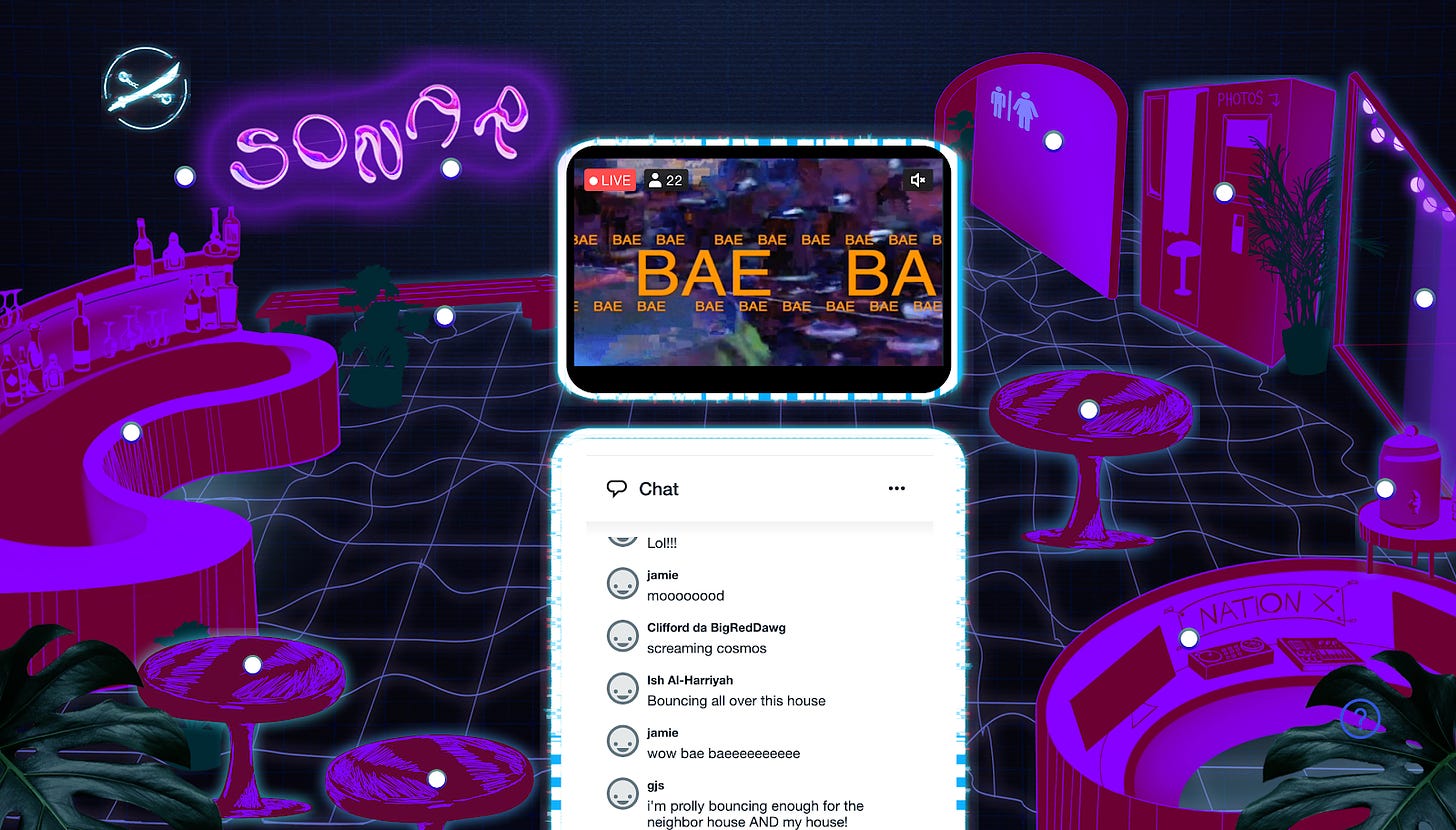 Image description: This is a screen grab of the NationX portal in black, burgundy, and purple hues. The site replicates a nightclub atmosphere with a bar, tables, DJ booth, photobooth, bathrooms, and dance floor. The screen features white hued drop down opportunities for chat, live stream, and audio interactivity. 