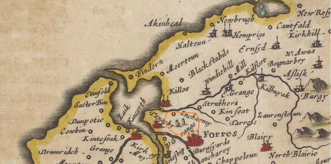 Detail of Robert Gordon’s c. 1640 redrawing of Pont map 8, showing two pillars on the Sueno’s Stone site