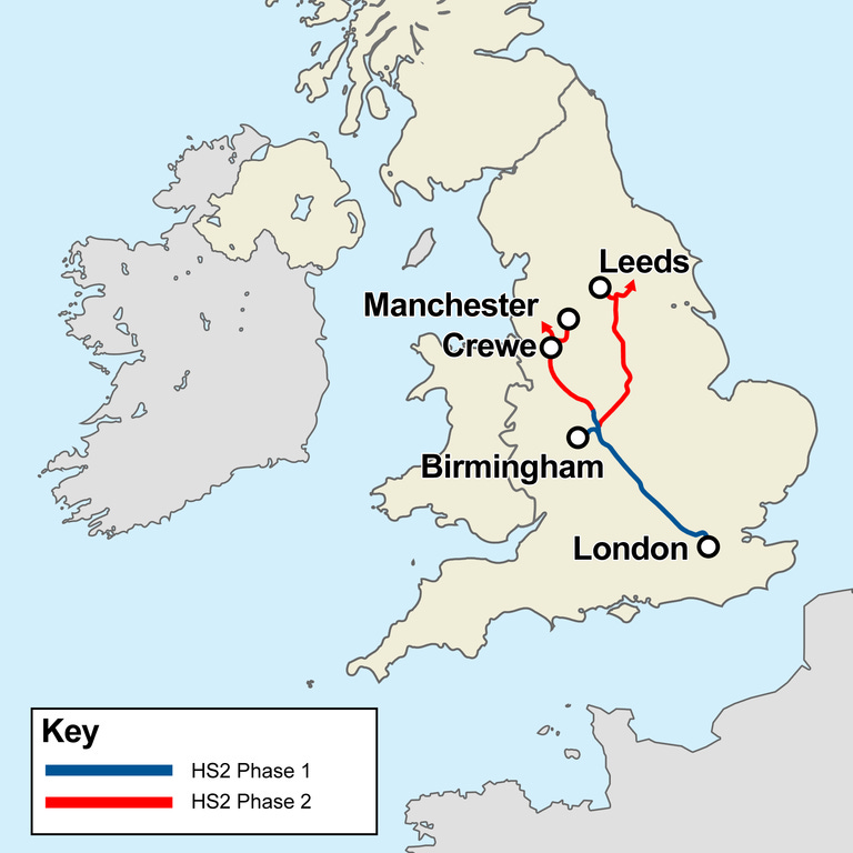 Map of the route of High Speed 2, showing the two phases of the project