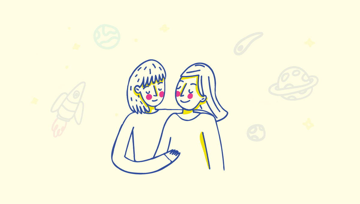 Illustrations of 2 people hugging and smiling.