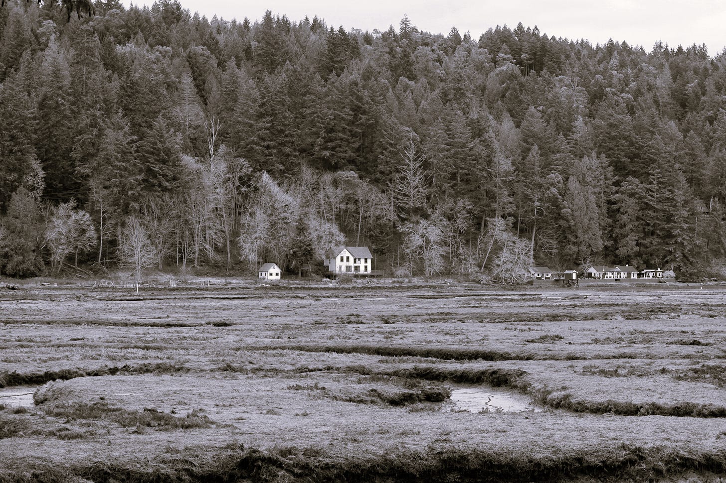 Photograph, a distant house across rushing water, against a wooded hill