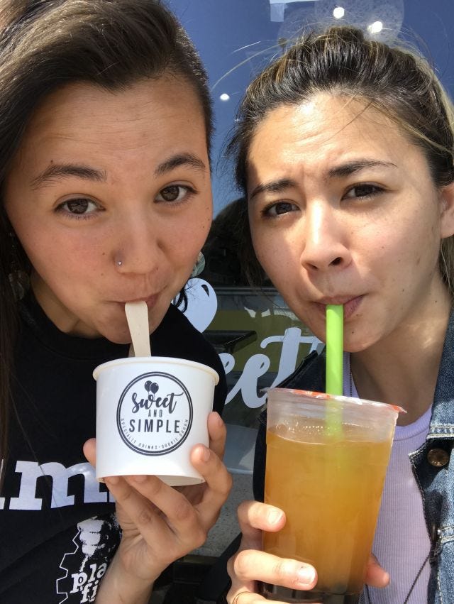 mia (right) drinking boba tea and ana (left) drinking cookie dough