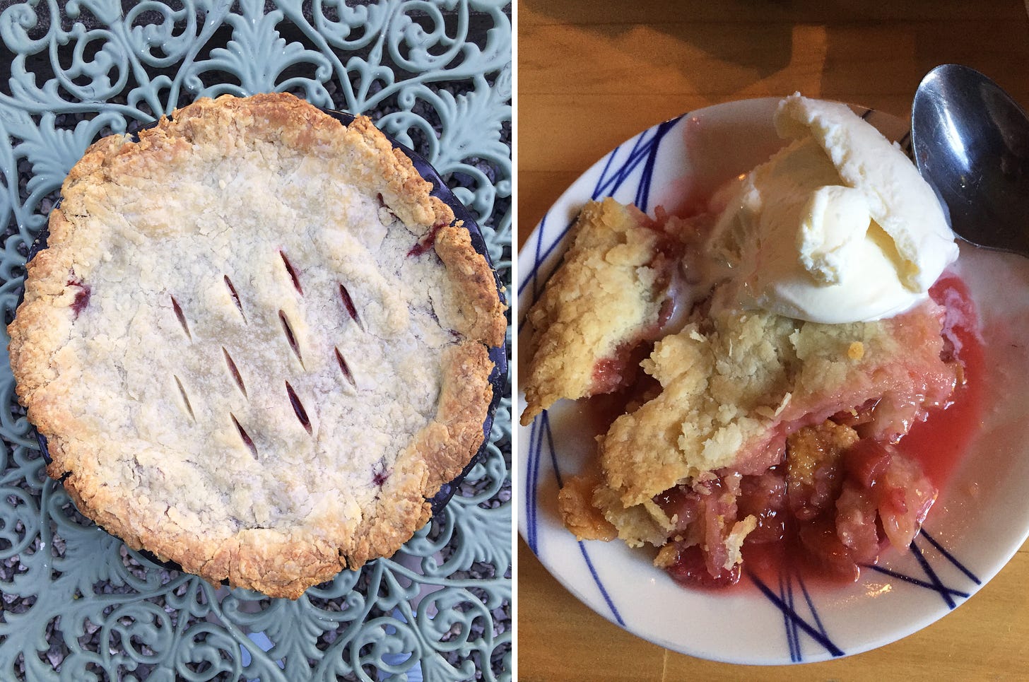 Left image: a pie with several vents cut across the top rests on a green wrought-iron table. Right image: A messy, juicy, slice of strawberry rhubarb pie with a scoop of vanilla ice cream melting on top.