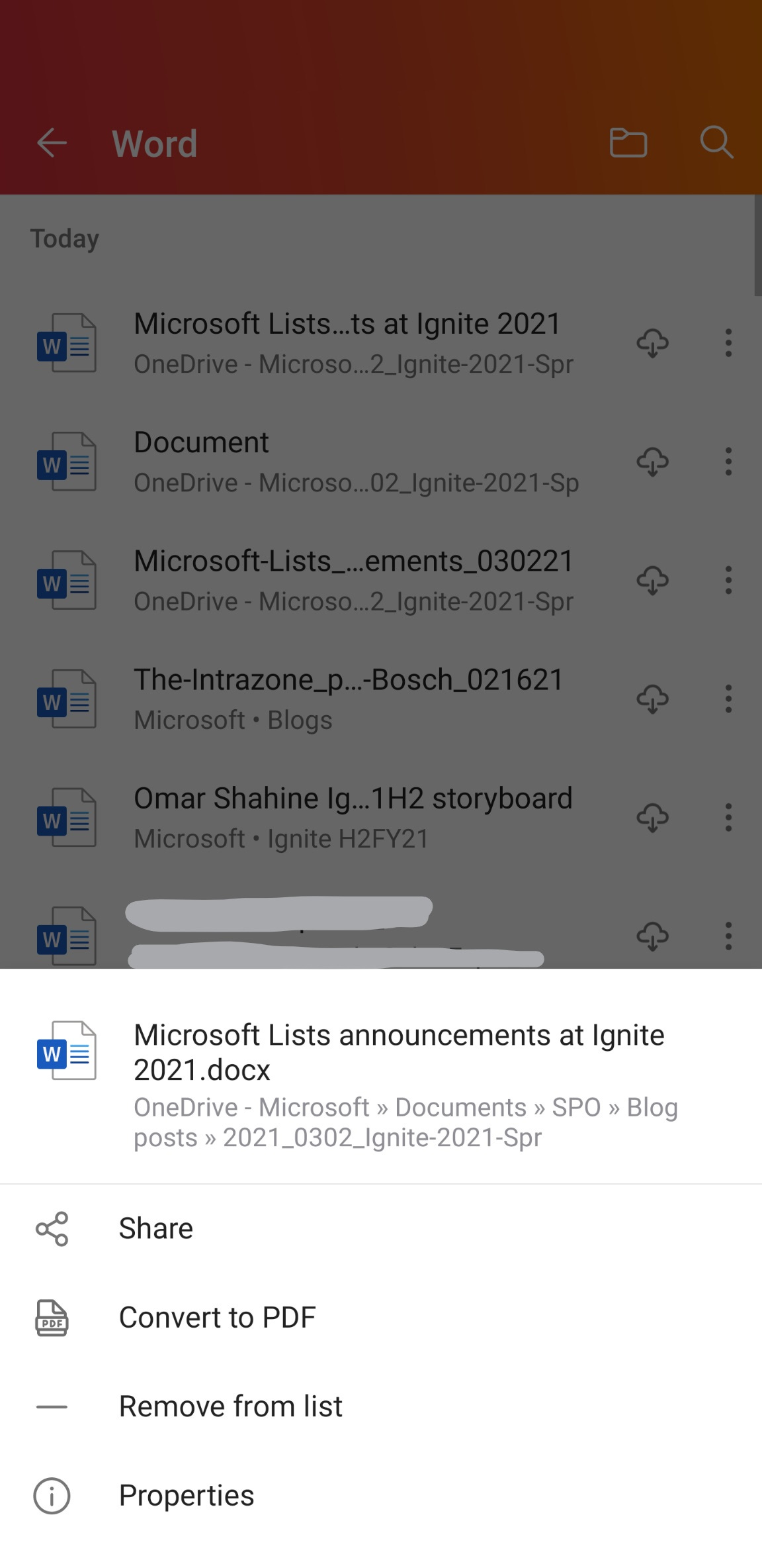 Access recent Word documents from within the Office Mobile app.