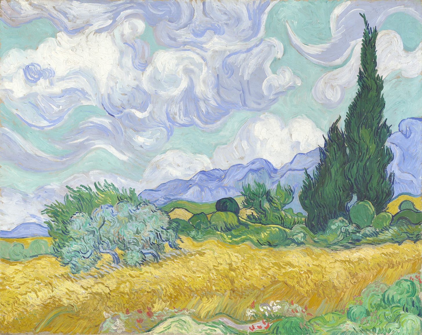 A Wheatfield, with Cypresses (September 1889), zoomed in