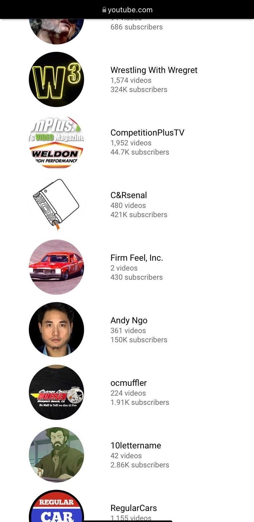 Image of Ben Smith's you tube subscriptions which include Andy Ngo, wrestling with wregret,,Wrigley,, plus TV, C&R senal, Firm Feel, Inc, ocmuffler.