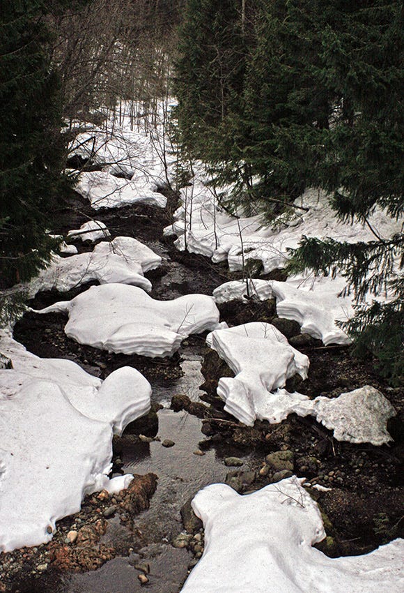 islands of snow perch on soil as a creek cuts between them