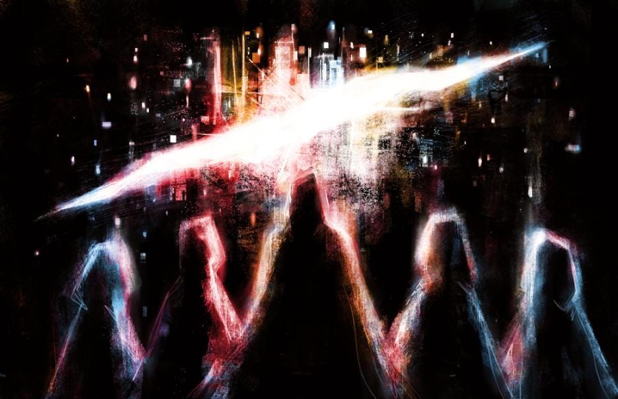 Image of glowing silhouetted figures observing a bright tear over maybe buildings in the dark background.