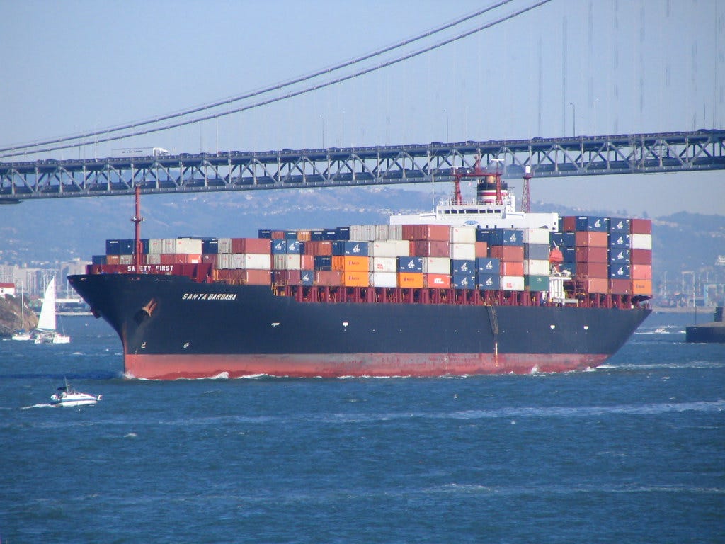 "container ship leaving bay area" by Derell Licht is marked with CC BY-ND 2.0.